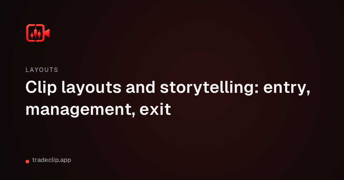 Cover card with the TradeClip mark and the title: Clip layouts and storytelling: entry, management, exit