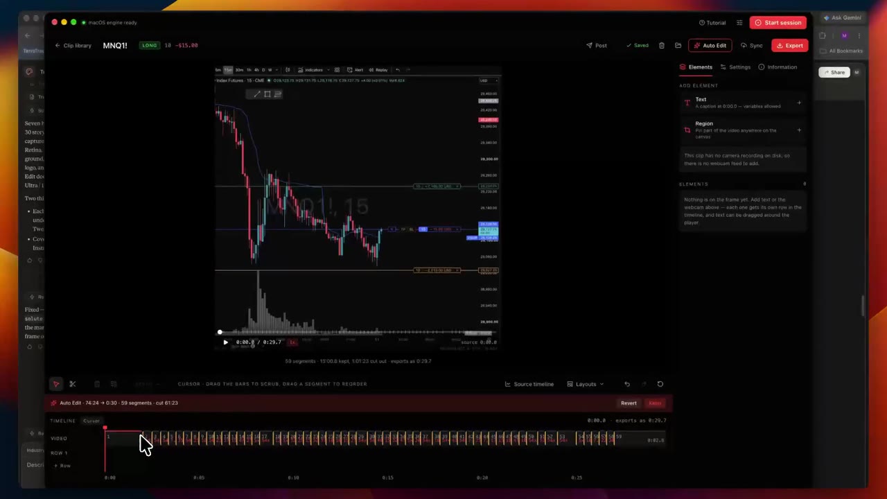 Auto Edit's cuts placed against one-second market bars