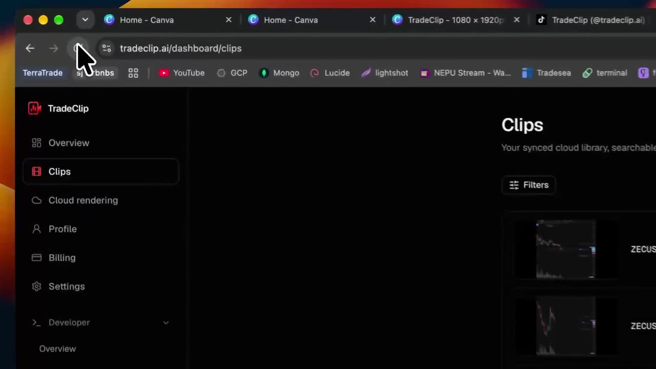 The TradeClip cloud library open in a browser