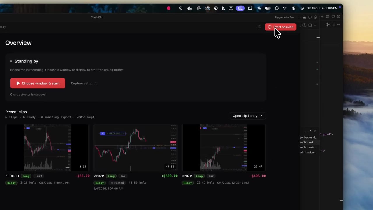 TradeClip desktop overview with the Start session control and recent clips